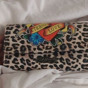 Ed Hardy Leopard Print 'Eternal Love' Wallet Clutch in Beige, Black and Red